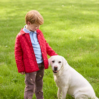 Little English traditional children's clothing. Classic long sleeve light blue polo and chocolate brown corduroy pants with seated lab embroidery for boys. Layered with red quilted jacket with corduroy details.