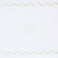 Little English classic nursery goods for baby, white crib sheet with simple light green embroidery along the edges for baby