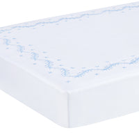 Little English classic nursery goods for baby, white crib sheet with simple light blue embroidery along the edges for baby