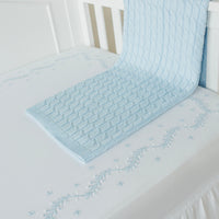 Little English classic nursery goods for baby, white crib sheet with simple light blue embroidery along the edges for baby