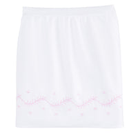 Little English classic nursery goods for baby, white crib skirt with simple light pink embroidery along the edges for baby