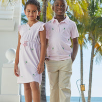 Little English traditional children's clothing, boy's casual light pink striped short-sleeve polo with embroidered palm trees for Summer