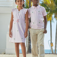 Little English traditional children's clothing, boy's casual light pink striped short-sleeve polo with embroidered palm trees for Summer