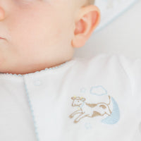 little english classic children's clothing white footie with cow and moon embroidery with light blue picot trim for baby boy