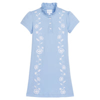 Little English x Mi Golondrina blue cotton dress for spring, girl's short sleeve polo dress with white embroidery