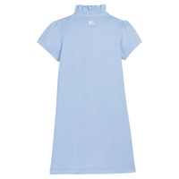 Little English x Mi Golondrina blue cotton dress for spring, girl's short sleeve polo dress with white embroidery
