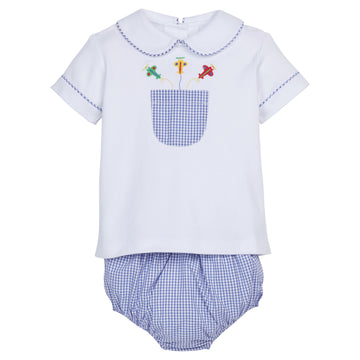 Little English traditional children's clothing, baby boy's classic diaper set for Summer, peter pan collar top with blue check piping and pocket and embroidered airplanes, blue check pull on diaper cover