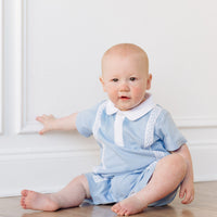 Little English x Mi Golondrina blue cotton romper for spring, baby boy's short sleeve peter pan polo romper with white embroidery