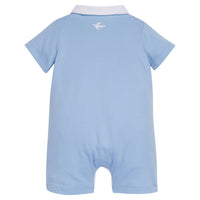 Little English x Mi Golondrina blue cotton romper for spring, baby boy's short sleeve peter pan polo romper with white embroidery