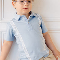 Little English x Mi Golondrina blue cotton polo for spring, boy's short sleeve polo with white embroidery
