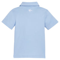 Little English x Mi Golondrina blue cotton polo for spring, boy's short sleeve polo with white embroidery