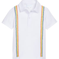 Little English x Mi Golondrina white cotton polo for spring, boy's short sleeve polo with multicolored embroidery