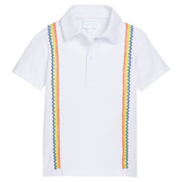 Little English x Mi Golondrina white cotton polo for spring, boy's short sleeve polo with multicolored embroidery