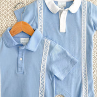 Little English x Mi Golondrina blue cotton romper for spring, baby boy's short sleeve peter pan polo romper with white embroidery