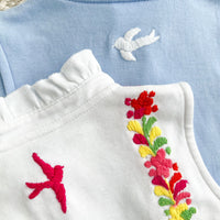 Little English x Mi Golondrina white cotton bubble for spring, baby girl's sleeveless polo bubble with multicolored embroidery