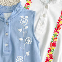 Little English x Mi Golondrina white cotton bubble for spring, baby girl's sleeveless polo bubble with multicolored embroidery