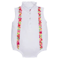 Little English x Mi Golondrina white cotton bubble for spring, baby girl's sleeveless polo bubble with multicolored embroidery