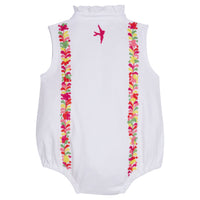 Little English x Mi Golondrina white cotton bubble for spring, baby girl's sleeveless polo bubble with multicolored embroidery