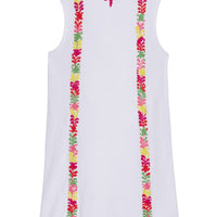 Little English x Mi Golondrina white cotton dress for spring, girl's sleeveless polo dress with multicolored embroidery