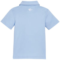 Little English x Mi Golondrina blue cotton polo for spring, boy's short sleeve polo with white embroidery