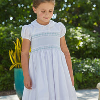 Little English traditional girl's clothing, classic smocked dress for toddler girls with peter pan collar and sash, little girl's flower girl dress with light blue smocking