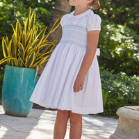 Little English traditional girl's clothing, classic smocked dress for toddler girls with peter pan collar and sash, little girl's flower girl dress with light blue smocking