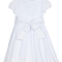 Little English traditional girl's clothing, classic smocked dress for toddler girls with peter pan collar and sash, little girl's flower girl dress with light blue smocking