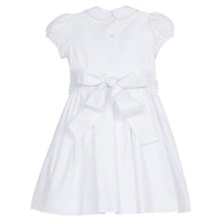 Little English traditional girl's clothing, classic smocked dress for toddler girls with peter pan collar and sash, little girl's flower girl dress with light pink smocking