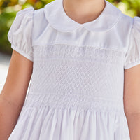 Little English traditional girl's clothing, classic smocked dress for toddler girls with peter pan collar and sash, little girl's flower girl dress with white smocking