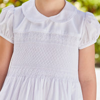 Little English traditional girl's clothing, classic smocked dress for toddler girls with peter pan collar and sash, little girl's flower girl dress with white smocking