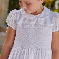Little English traditional girl's clothing, classic smocked dress for toddler girls with peter pan collar and sash, little girl's flower girl dress with white smocking