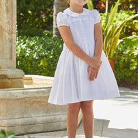 Little English traditional girl's clothing, classic smocked dress for toddler girls with peter pan collar and sash, little girl's flower girl dress with white smocking