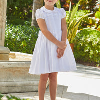 Little English traditional girl's clothing, classic smocked dress for toddler girls with peter pan collar and sash, little girl's flower girl dress with white smocking