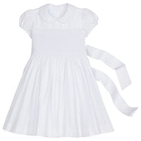 Little English traditional girl's clothing, classic smocked dress for toddler girls with peter pan collar and sash, little girl's flower girl dress with white smocking