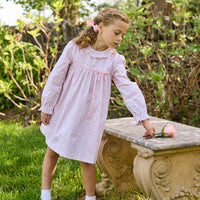 Little English traditional children's clothing. Long sleeve pink and green Windemere floral dress with ruffled collar and fixed bow detail for little girls