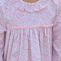 Little English traditional children's clothing. Long sleeve pink and green Windemere floral dress with ruffled collar and fixed bow detail for little girls