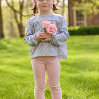 Little English traditional children's clothing. Long sleeve pink, aqua, and green Fondren Floral cotton knit top with pink piping detail for little girls. Paired with classic light pink leggings.