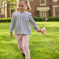 Little English traditional children's clothing. Long sleeve pink, aqua, and green Fondren Floral cotton knit top with pink piping detail for little girls. Paired with classic light pink leggings.