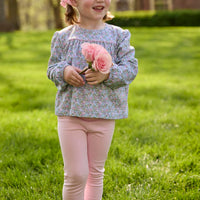 Little English traditional children's clothing. Long sleeve pink, aqua, and green Fondren Floral cotton knit top with pink piping detail for little girls. Paired with classic light pink leggings.