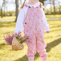 Little English classic childrens clothing. Pink and green fairfax floral twill overall, smocked madeline blouse in white with light pink trim for Fall