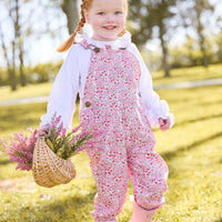 Little English classic childrens clothing. Pink and green fairfax floral twill overall, smocked madeline blouse in white with light pink trim for Fall