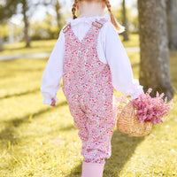 Little English classic childrens clothing. Pink and green fairfax floral twill overall, smocked knit blouse in white with light pink trim for Fall