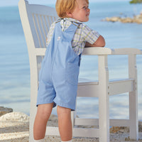 Little English traditional children's clothing, light blue twill short overall for toddlers for spring with brass hardware