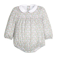 Little English traditional children's clothing. Long sleeve pink, aqua, and green Fondren Floral cotton knit bubble with white peter pan collar and pink piping detail for baby girls.