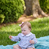 Little English traditional children's clothing. Long sleeve pink, aqua, and green Fondren Floral cotton knit bubble with white peter pan collar and pink piping detail for baby girls.