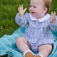 Little English traditional children's clothing. Long sleeve pink, aqua, and green Fondren Floral cotton knit bubble with white peter pan collar and pink piping detail for baby girls.