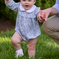 Little English traditional children's clothing. Long sleeve pink, aqua, and green Fondren Floral cotton knit bubble with white peter pan collar and pink piping detail for baby girls.