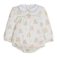 Little English traditional children's clothing. Long sleeve pumpkin floral knit bubble with white peter pan collar and green piping for baby girls