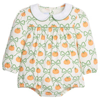 Little English classic play bubble for baby girls. Cream knit bubble with white peter pan collar and pumpkin and green bow print.