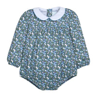 Little English traditional children's clothing. Long sleeve green and blue Winslow floral knit bubble with white peter pan collar and light blue piping for baby girls